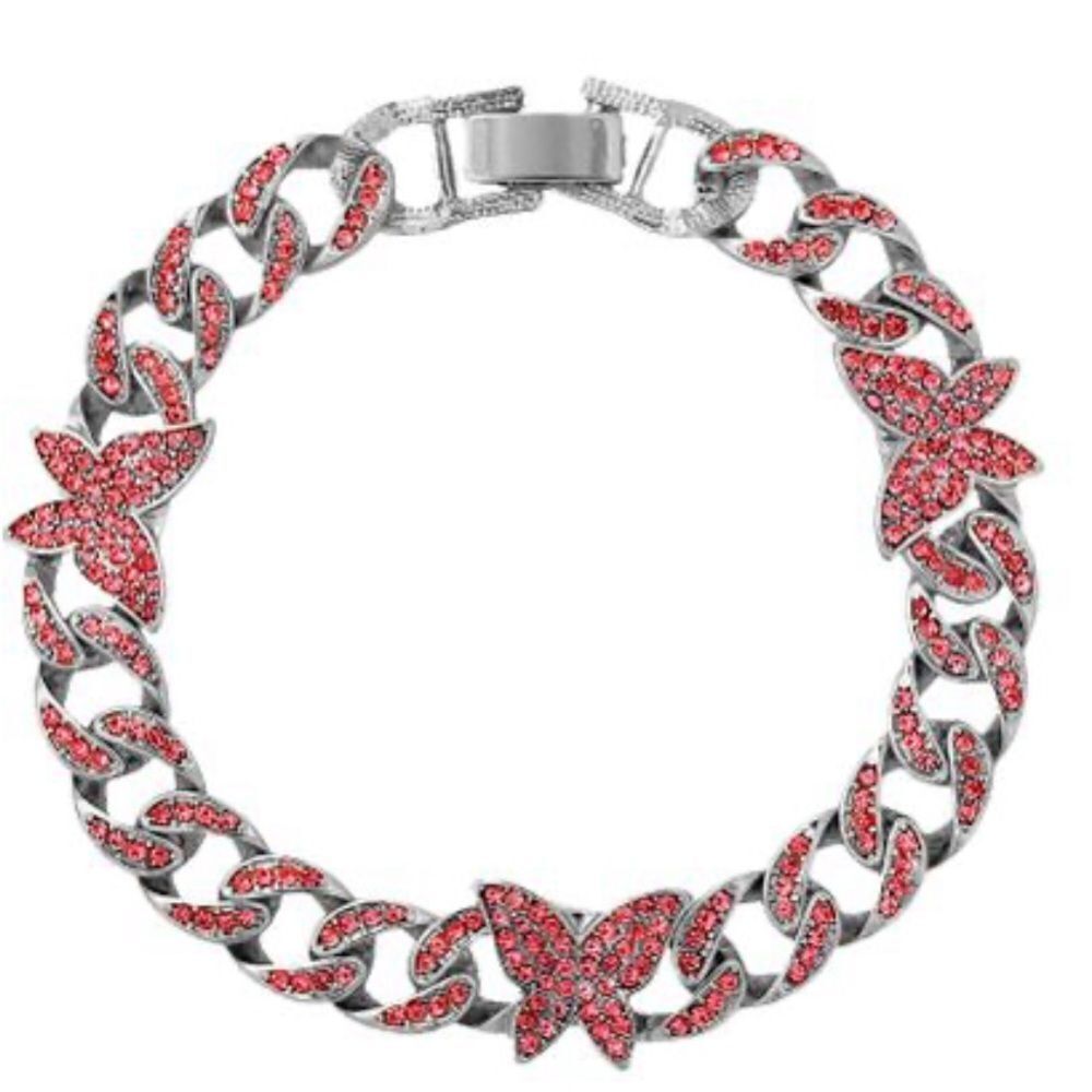 Silver Chunky Chain Pink Crystals Butterflies Statement Bracelets Anklet NEW